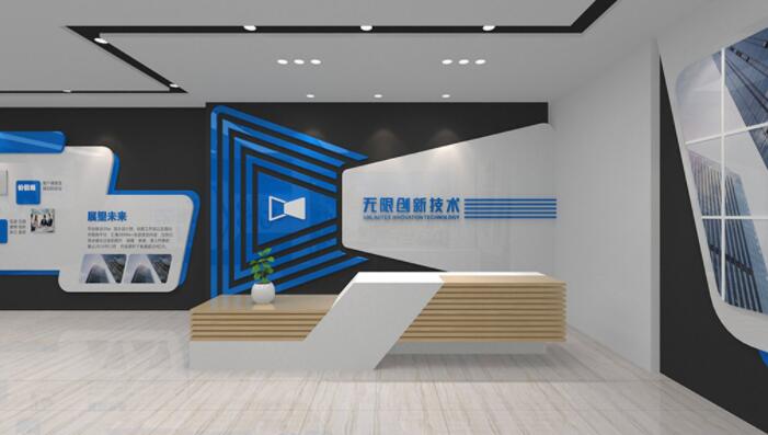公司前臺形象背景墻效果圖(圖1) 藍色科技公司前臺展館企業文化墻形象墻效果圖